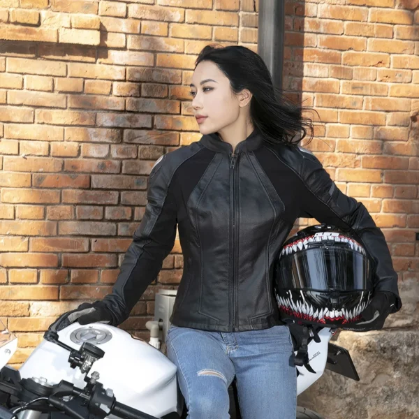 Womenâ€™s Black Biker Genuine Cowhide Stand Collar Cycling Protective Black Stripped Slim Fit Moto Racing Four Seasons Leather Jacket