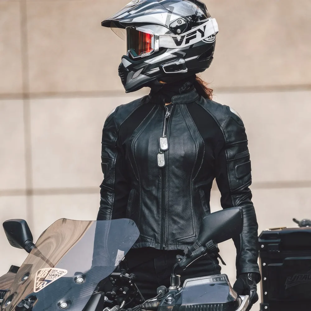 Womenâ€™s Black Biker Genuine Cowhide Stand Collar Cycling Protective Black Stripped Slim Fit Moto Racing Four Seasons Leather Jacket - Image 3