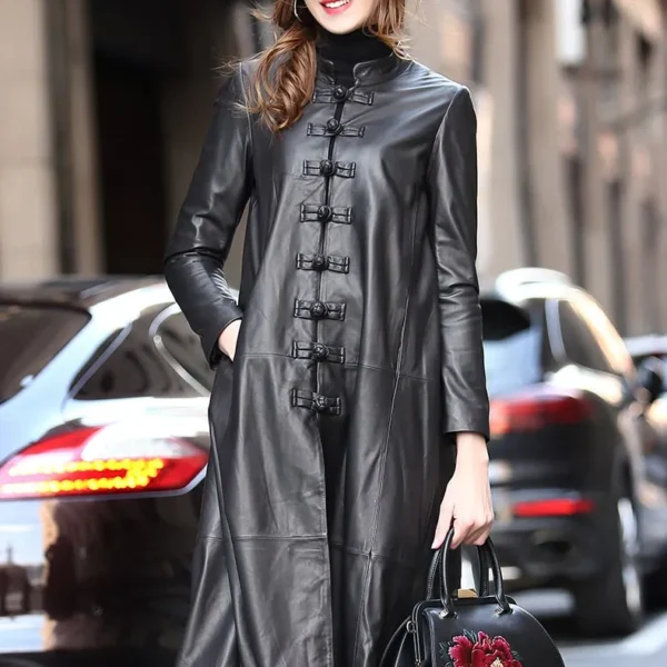 Womenâ€™s Black Genuine Sheepskin Mandarin Collar Luxury Casual Classic Long Loose Chinese Style Elegant Leather Coat