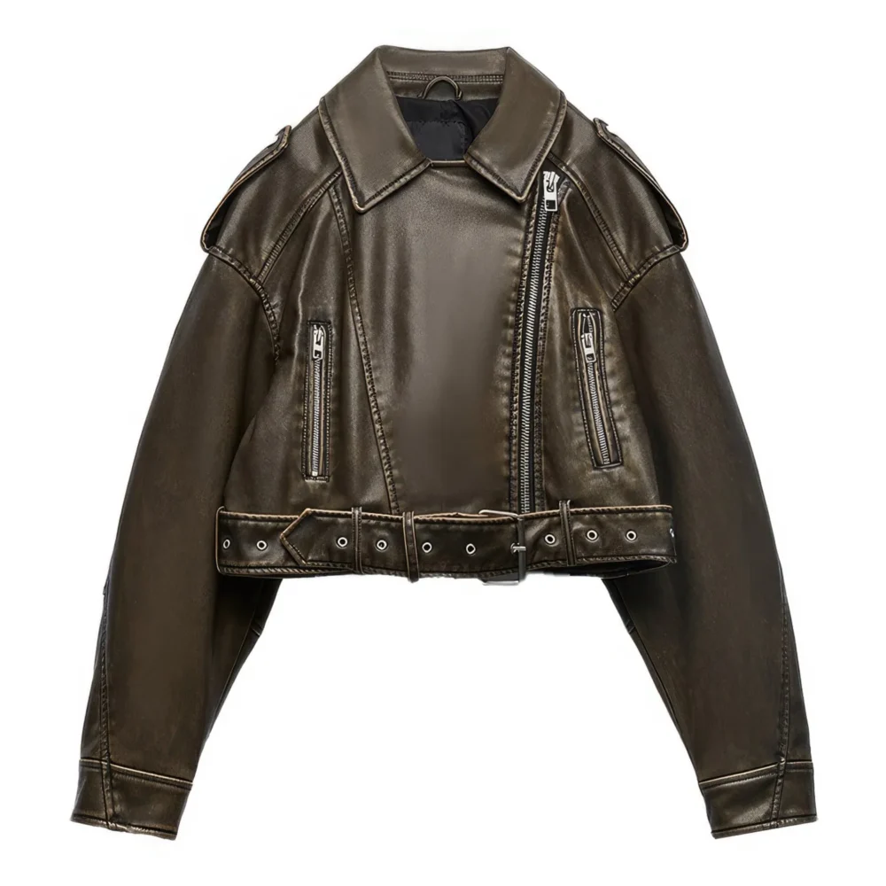 Womenâ€™s Biker Vintage Brown Genuine Sheepskin Sporty Casual Moto Biker Lapel Collar CafÃ© Racer Streetwear Loose Asymmetric Leather Jacket