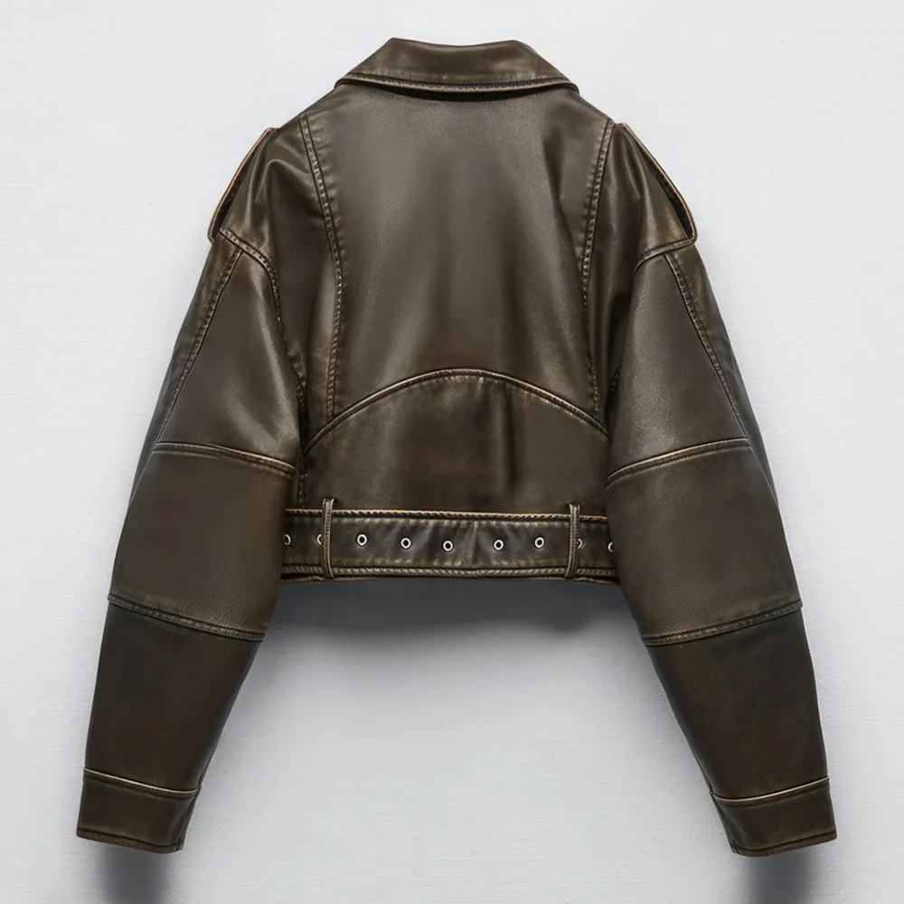 Womenâ€™s Biker Vintage Brown Genuine Sheepskin Sporty Casual Moto Biker Lapel Collar CafÃ© Racer Streetwear Loose Asymmetric Leather Jacket - Image 2