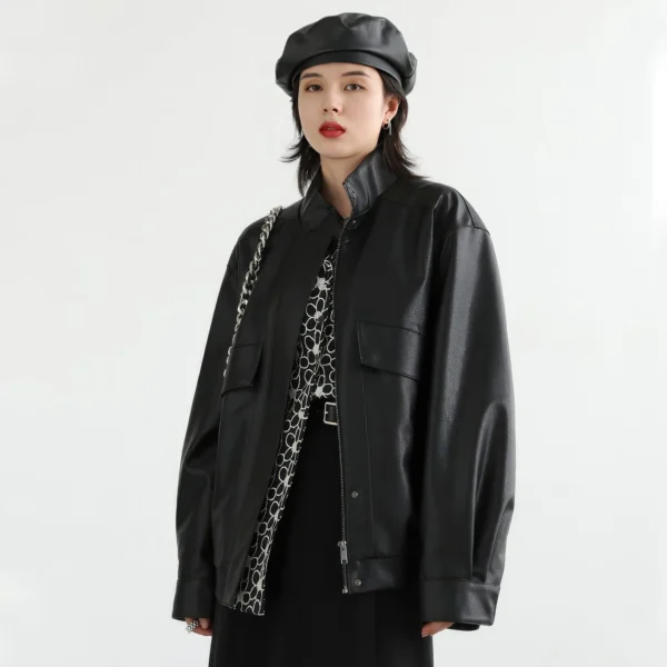 Womenâ€™s Black Biker Genuine Sheepskin Drop Shoulders Moto Racer Oversized Casual Streetwear Loose Smooth Leather Jacket
