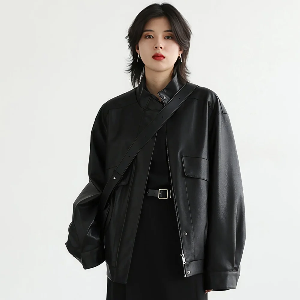 Womenâ€™s Black Biker Genuine Sheepskin Drop Shoulders Moto Racer Oversized Casual Streetwear Loose Smooth Leather Jacket - Image 5