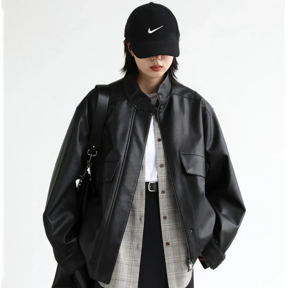 Womenâ€™s Black Biker Genuine Sheepskin Drop Shoulders Moto Racer Oversized Casual Streetwear Loose Smooth Leather Jacket - Image 3