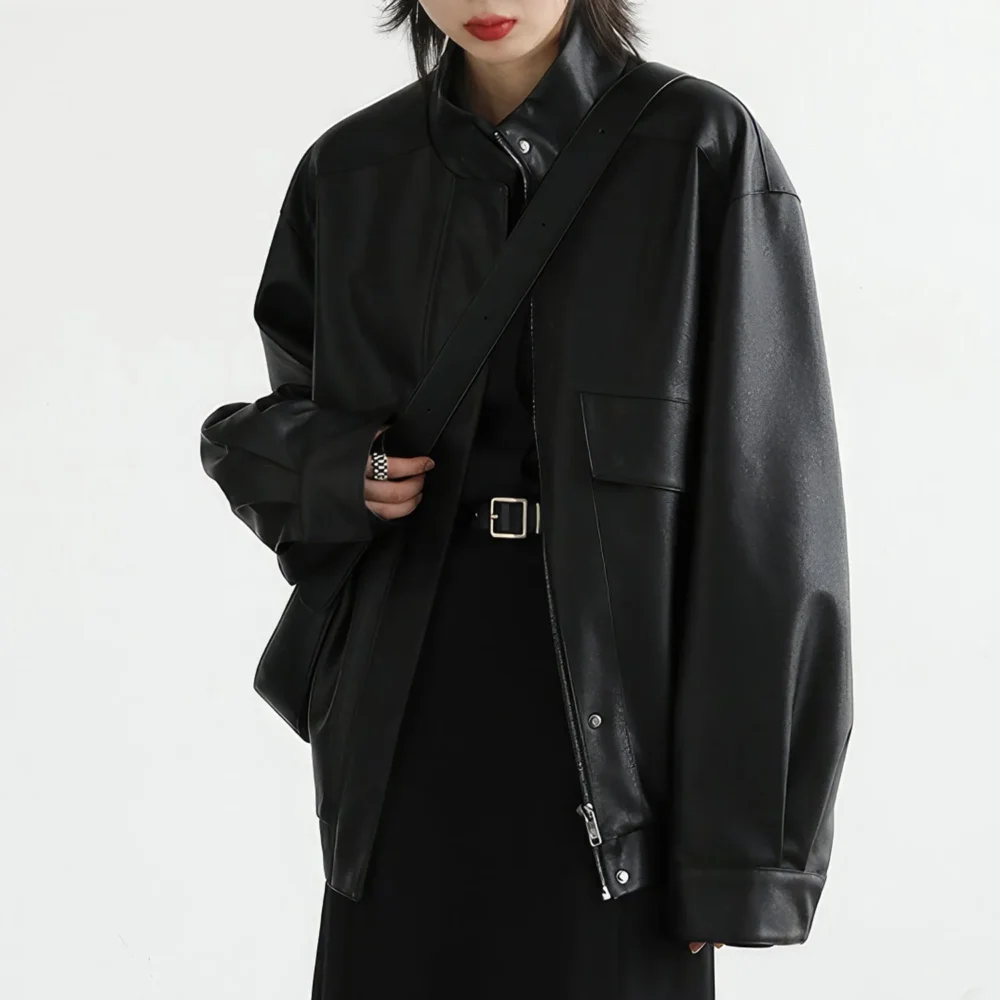 Womenâ€™s Black Biker Genuine Sheepskin Drop Shoulders Moto Racer Oversized Casual Streetwear Loose Smooth Leather Jacket - Image 4