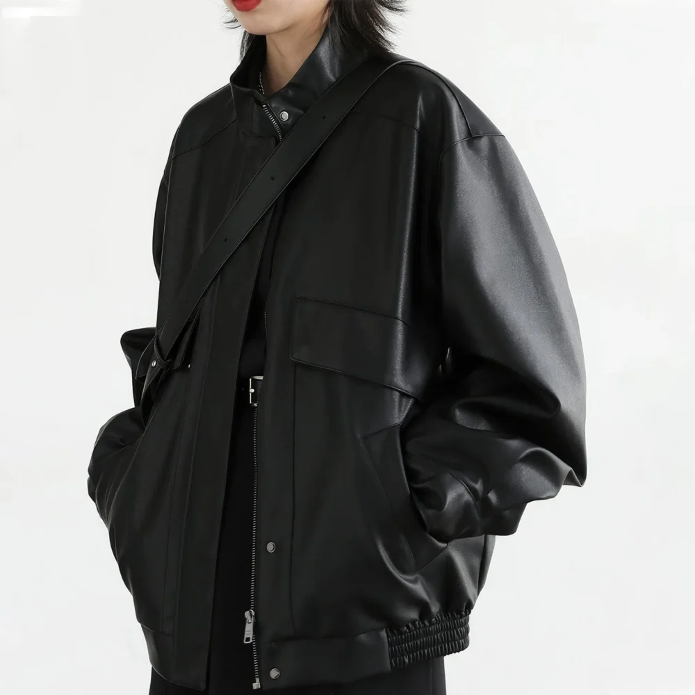 Womenâ€™s Black Biker Genuine Sheepskin Drop Shoulders Moto Racer Oversized Casual Streetwear Loose Smooth Leather Jacket - Image 6