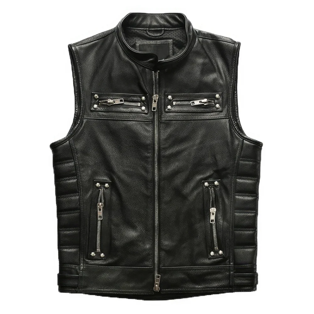 Menâ€™s Biker Black Genuine Cowhide Sleeveless Vest Quilted Zip-Up Moto Lightweight Classic Smooth Slim Fit Leather Waistcoat