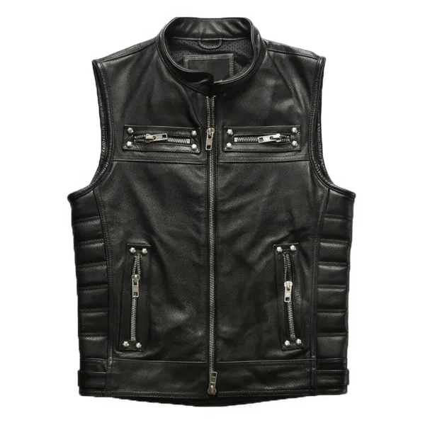 Menâ€™s Biker Black Genuine Cowhide Sleeveless Vest Quilted Zip-Up Moto Lightweight Classic Smooth Slim Fit Leather Waistcoat