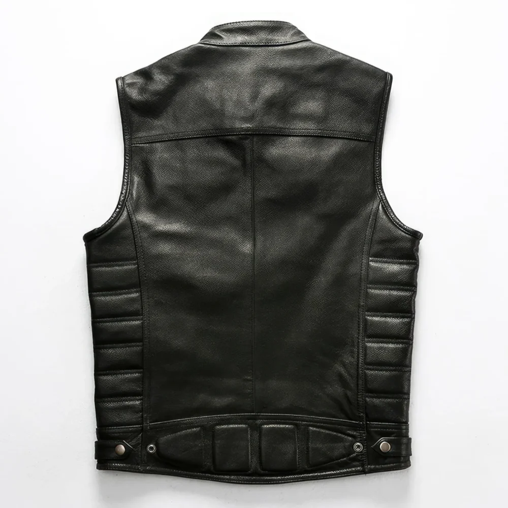 Menâ€™s Biker Black Genuine Cowhide Sleeveless Vest Quilted Zip-Up Moto Lightweight Classic Smooth Slim Fit Leather Waistcoat - Image 3
