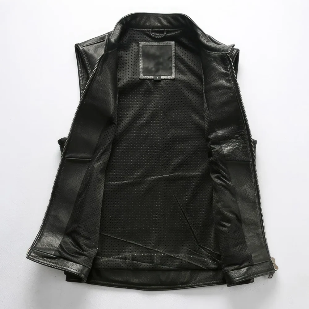 Menâ€™s Biker Black Genuine Cowhide Sleeveless Vest Quilted Zip-Up Moto Lightweight Classic Smooth Slim Fit Leather Waistcoat - Image 2