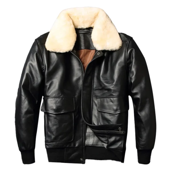 Menâ€™s A2 Aviator Black Genuine Sheepskin Faux Fur Collar Air Force Pilot Casual Classic Bomber Leather Jacket
