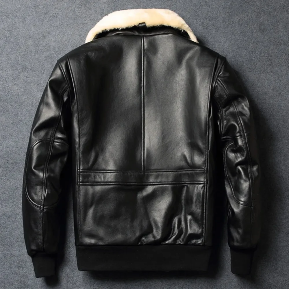 Menâ€™s A2 Aviator Black Genuine Sheepskin Faux Fur Collar Air Force Pilot Casual Classic Bomber Leather Jacket - Image 2