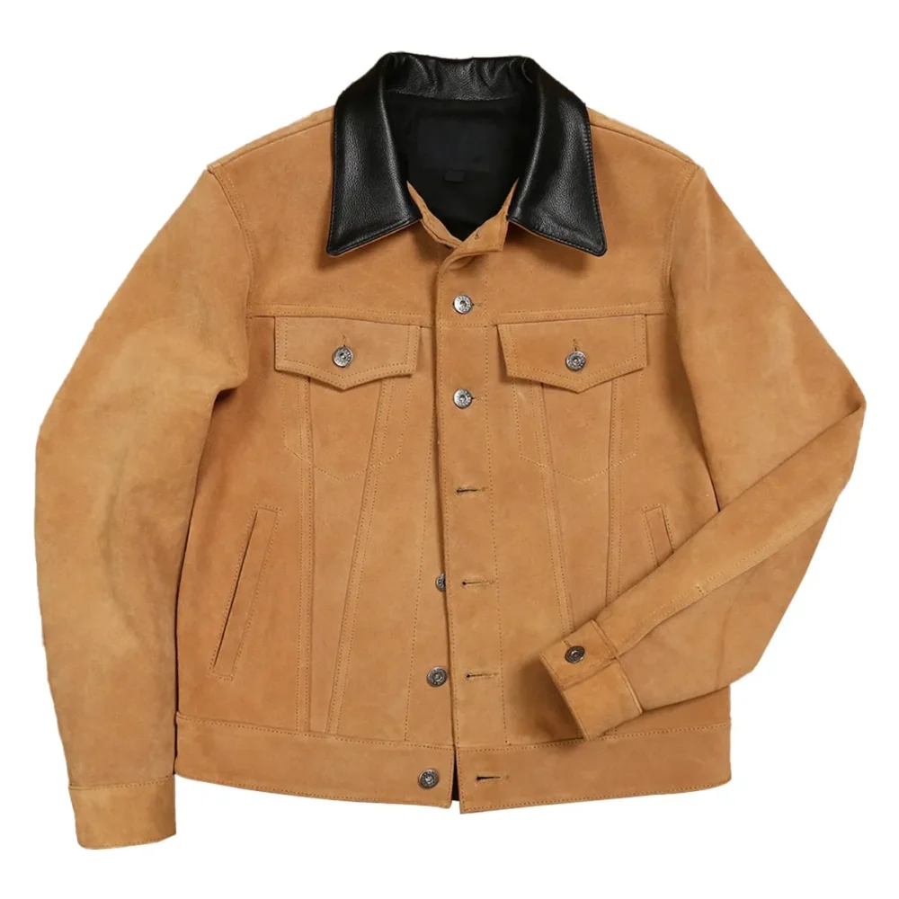 Menâ€™s Brown Trucker Genuine Suede Turn Down Collar Casual Classic Western Fashionable Leather Jacket