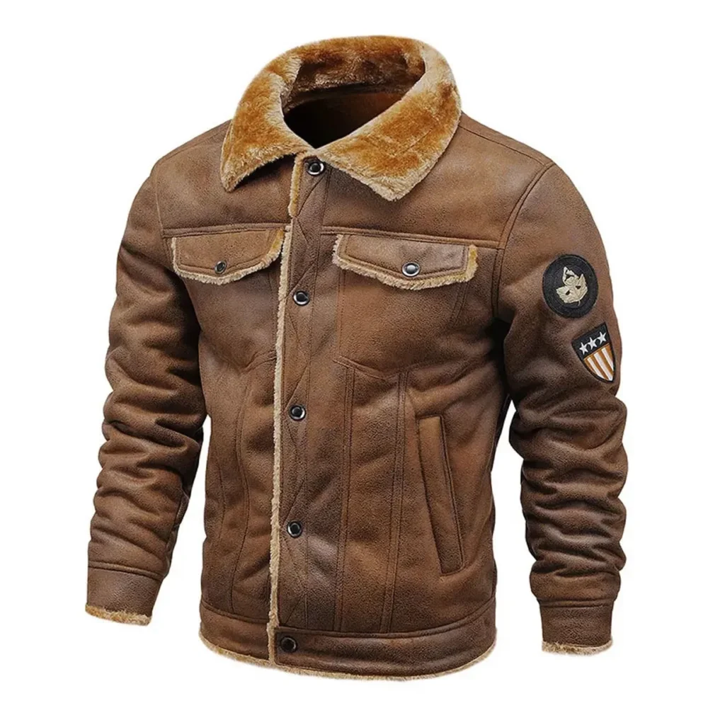 Menâ€™s Vintage Distressed Brown Genuine Sheepskin Sherpa Shearling Faux Fur Lined Turn-Down Collar Winter Warm Fashionable Casual Classic Leather Jacket
