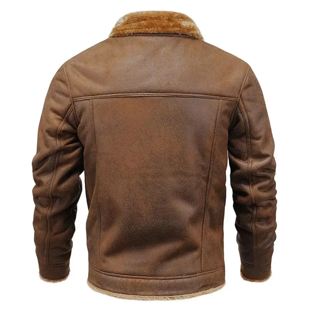 Menâ€™s Vintage Distressed Brown Genuine Sheepskin Sherpa Shearling Faux Fur Lined Turn-Down Collar Winter Warm Fashionable Casual Classic Leather Jacket - Image 2