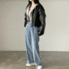 Womenâ€™s Black Biker Genuine Sheepskin Stand Collar Oversized Outfit Korean Sporty Moto Rider Loose Leather Jacket