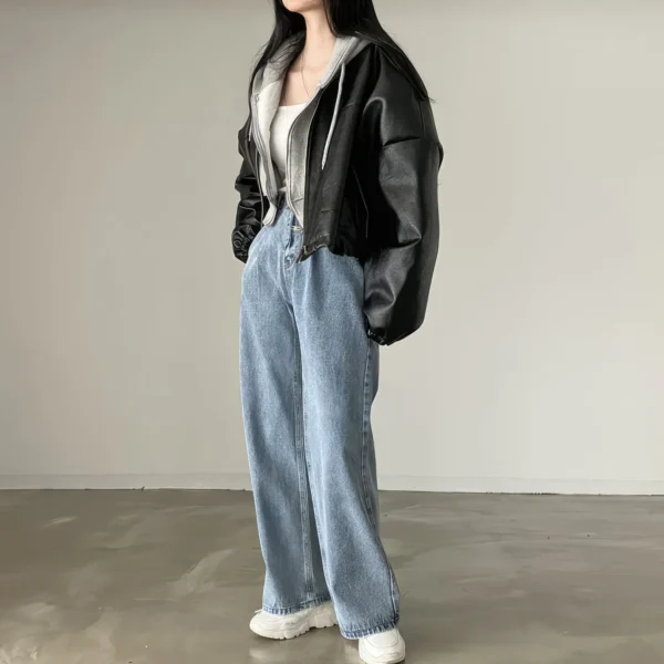 Womenâ€™s Black Biker Genuine Sheepskin Stand Collar Oversized Outfit Korean Sporty Moto Rider Loose Leather Jacket