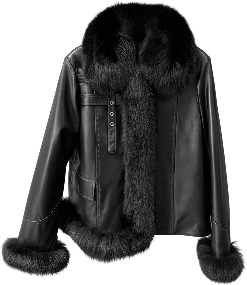 Womenâ€™s Black Genuine Sheepskin Sherpa Shearling Faux Fur Collar Elegant Korean Fashion Slim Fit Winter Warm Leather Jacket - Image 2