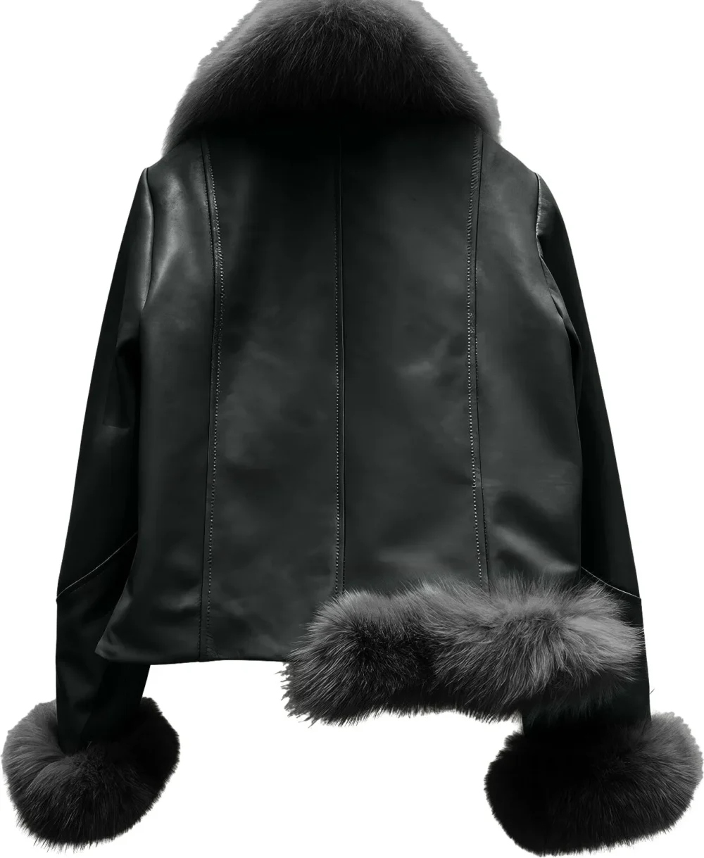 Womenâ€™s Black Genuine Sheepskin Sherpa Shearling Faux Fur Collar Elegant Korean Fashion Slim Fit Winter Warm Leather Jacket - Image 3