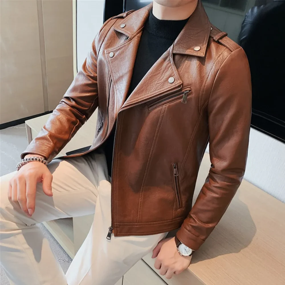 Menâ€™s Brown Moto Biker Genuine Sheepskin Lapel Collar Asymmetric Rider Motorcycle Fashion Leather Jacket - Image 8