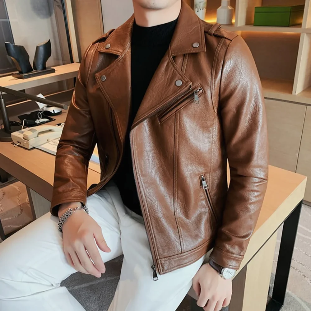 Menâ€™s Brown Moto Biker Genuine Sheepskin Lapel Collar Asymmetric Rider Motorcycle Fashion Leather Jacket - Image 7