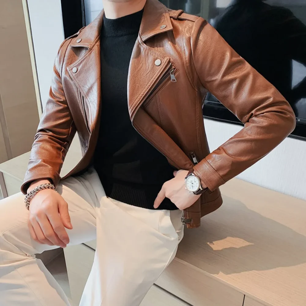 Menâ€™s Brown Moto Biker Genuine Sheepskin Lapel Collar Asymmetric Rider Motorcycle Fashion Leather Jacket - Image 6