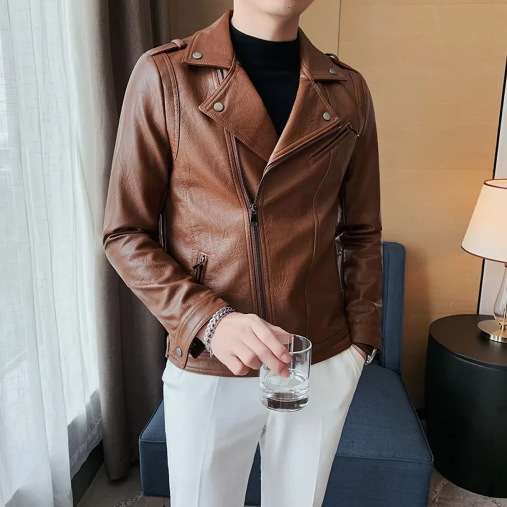 Menâ€™s Brown Moto Biker Genuine Sheepskin Lapel Collar Asymmetric Rider Motorcycle Fashion Leather Jacket - Image 5