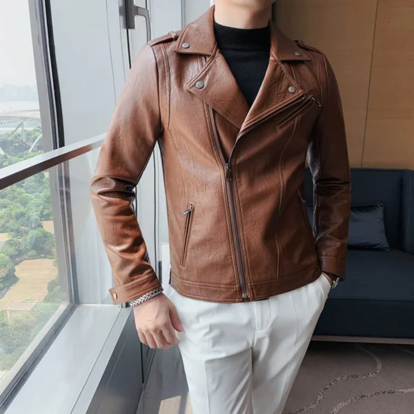 Menâ€™s Brown Moto Biker Genuine Sheepskin Lapel Collar Asymmetric Rider Motorcycle Fashion Leather Jacket