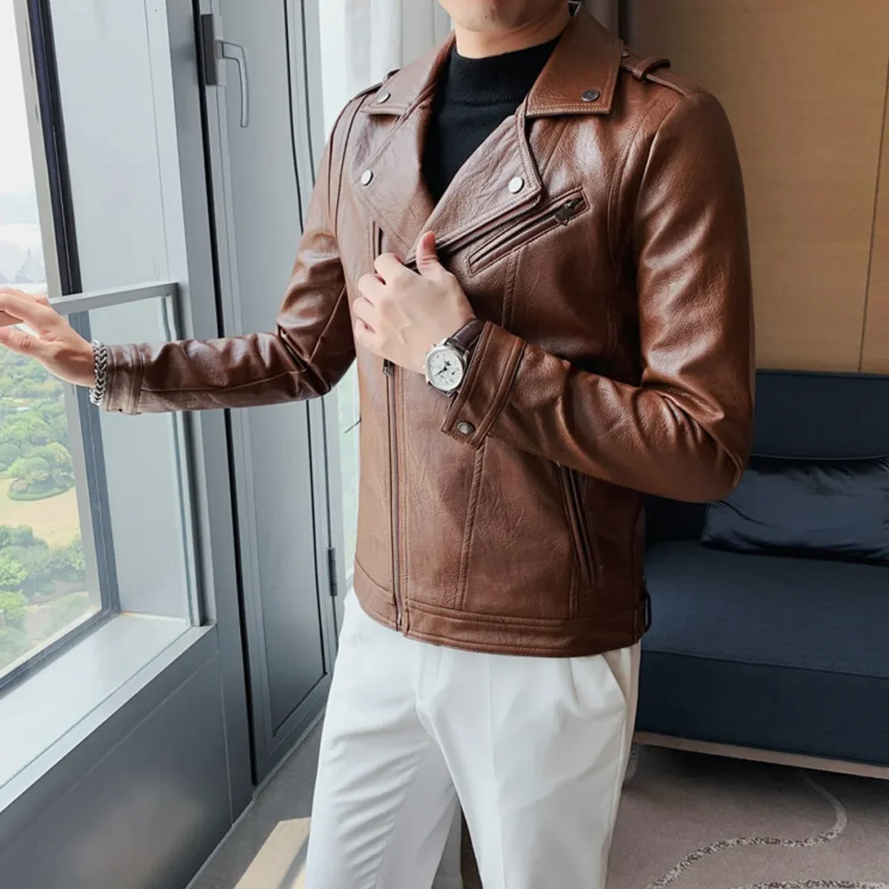 Menâ€™s Brown Moto Biker Genuine Sheepskin Lapel Collar Asymmetric Rider Motorcycle Fashion Leather Jacket - Image 3