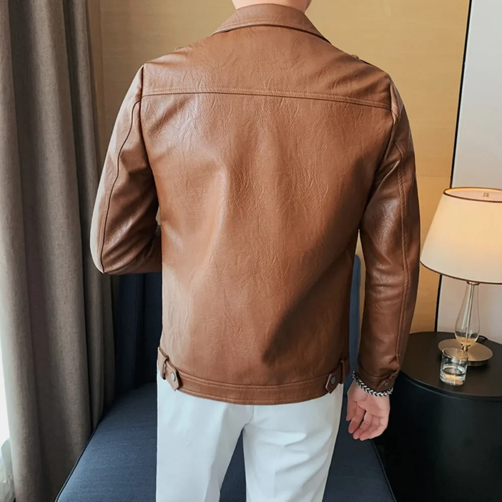 Menâ€™s Brown Moto Biker Genuine Sheepskin Lapel Collar Asymmetric Rider Motorcycle Fashion Leather Jacket - Image 2