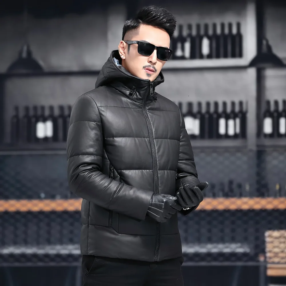 Menâ€™s Black Genuine Sheepskin Hooded Winter Warm Thick Casual Baggy Padded Puffer Lightweight Insulated Parka Leather Jacket - Image 3