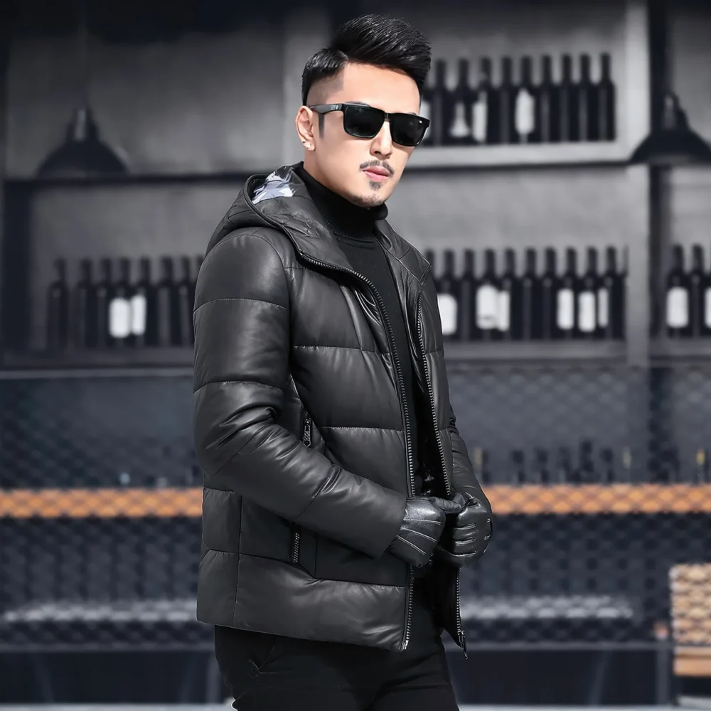 Menâ€™s Black Genuine Sheepskin Hooded Winter Warm Thick Casual Baggy Padded Puffer Lightweight Insulated Parka Leather Jacket - Image 4