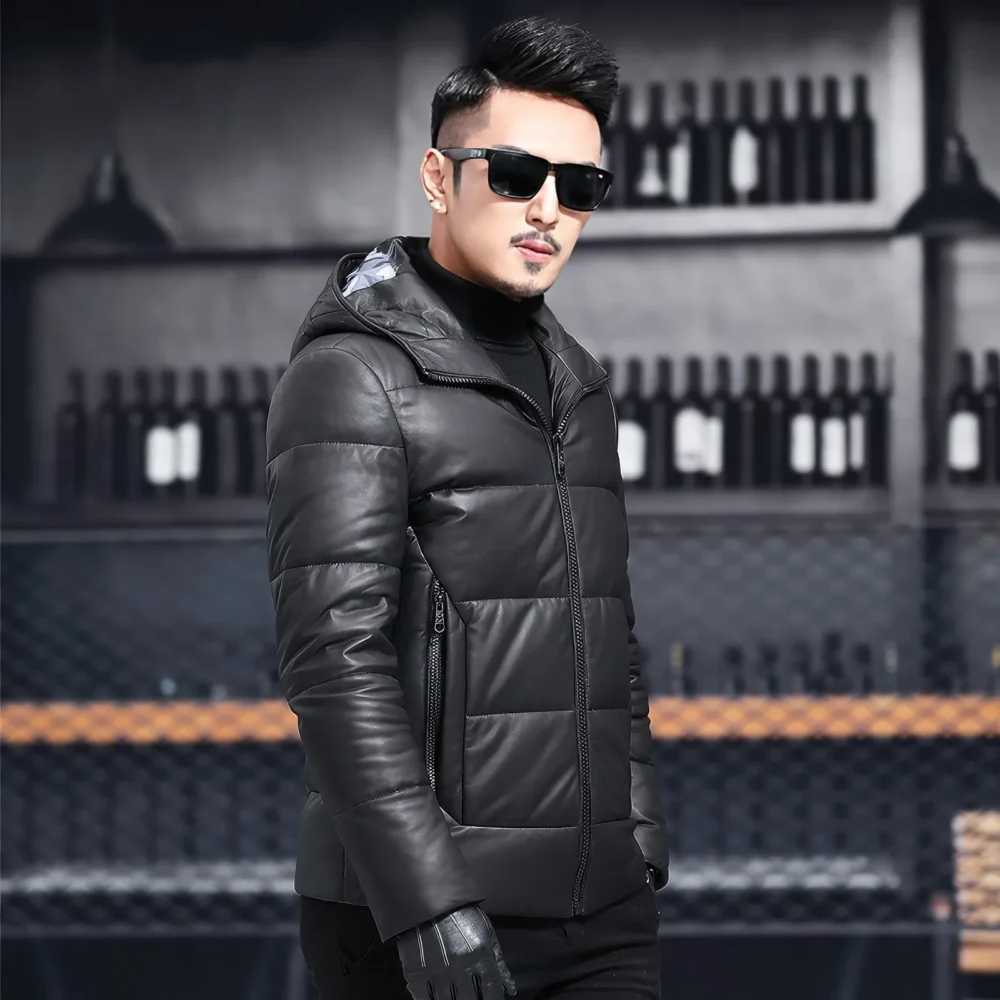Menâ€™s Black Genuine Sheepskin Hooded Winter Warm Thick Casual Baggy Padded Puffer Lightweight Insulated Parka Leather Jacket - Image 5
