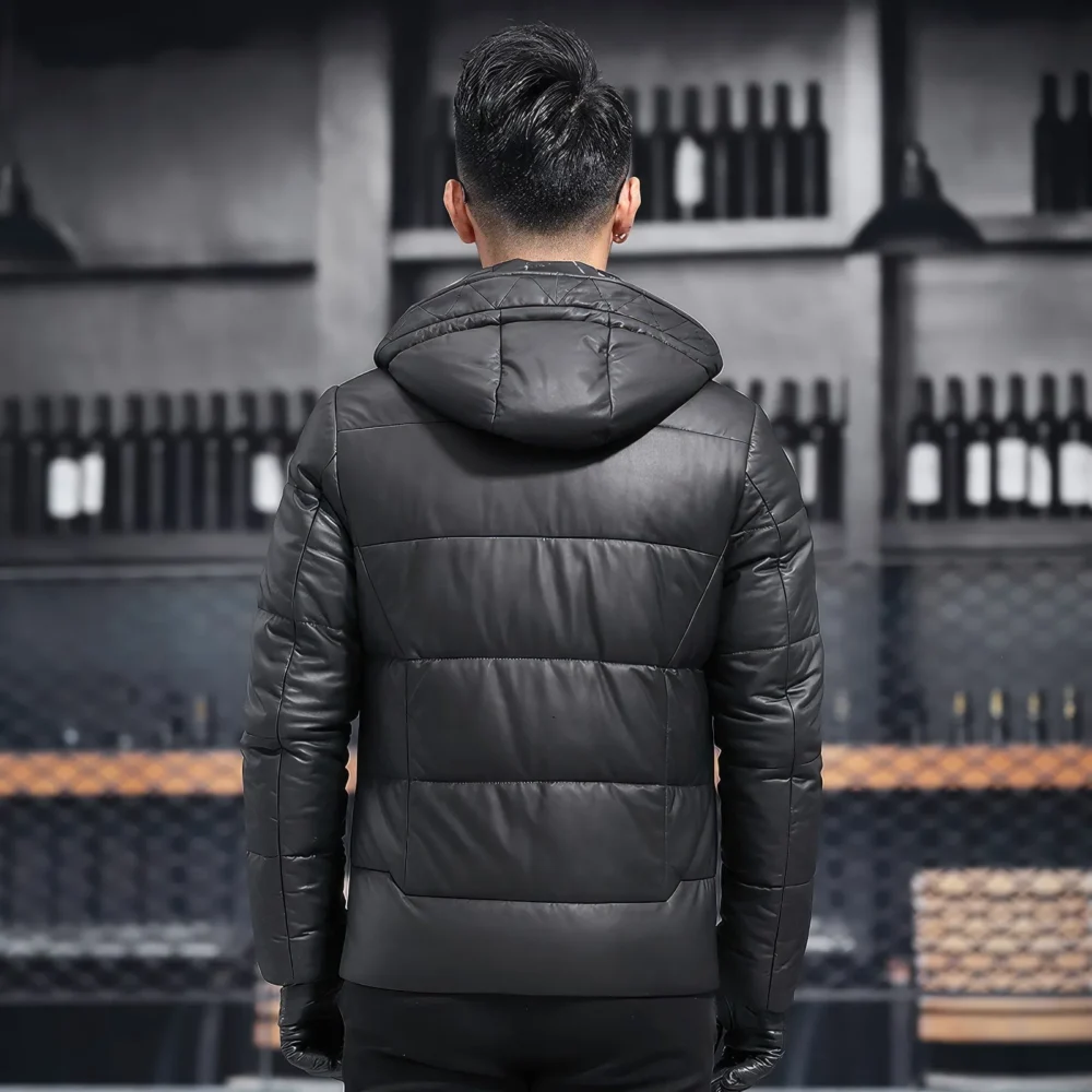 Menâ€™s Black Genuine Sheepskin Hooded Winter Warm Thick Casual Baggy Padded Puffer Lightweight Insulated Parka Leather Jacket - Image 2