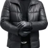 Menâ€™s Black Genuine Sheepskin Hooded Winter Warm Thick Casual Baggy Padded Puffer Lightweight Insulated Parka Leather Jacket