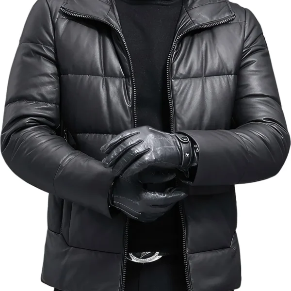 Menâ€™s Black Genuine Sheepskin Hooded Winter Warm Thick Casual Baggy Padded Puffer Lightweight Insulated Parka Leather Jacket