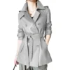 Womenâ€™s Grey Genuine Sheepskin Lapel Collar Business Fashion Double Breasted Belted Leather Trench Coat