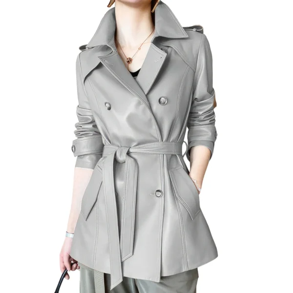 Womenâ€™s Grey Genuine Sheepskin Lapel Collar Business Fashion Double Breasted Belted Leather Trench Coat