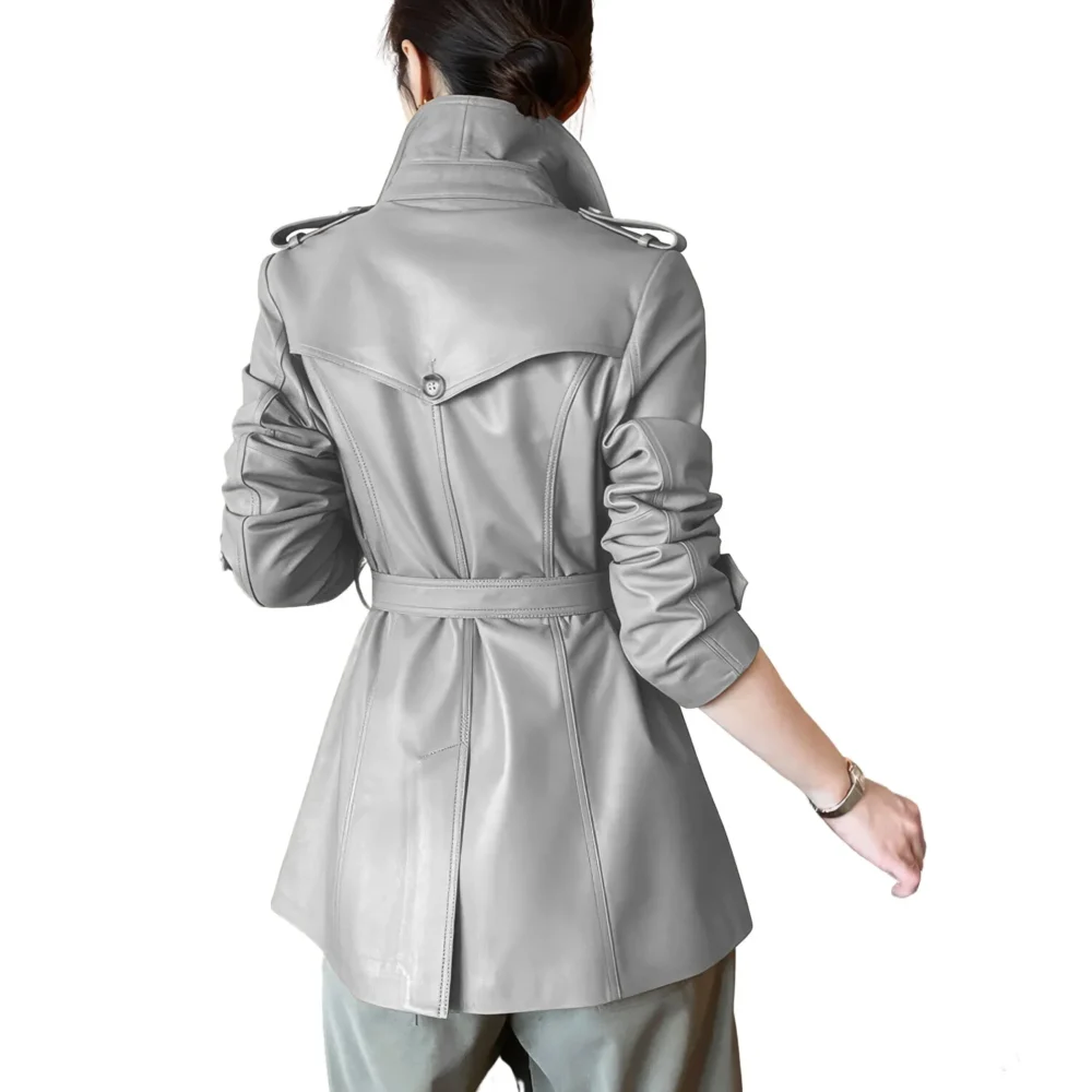 Womenâ€™s Grey Genuine Sheepskin Lapel Collar Business Fashion Double Breasted Belted Leather Trench Coat - Image 2