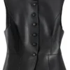 Womenâ€™s Black Genuine Sheepskin Round Neck 2 Pockets Smooth Sleeveless Waistcoat Single Breasted Casual Classic Leather Vest