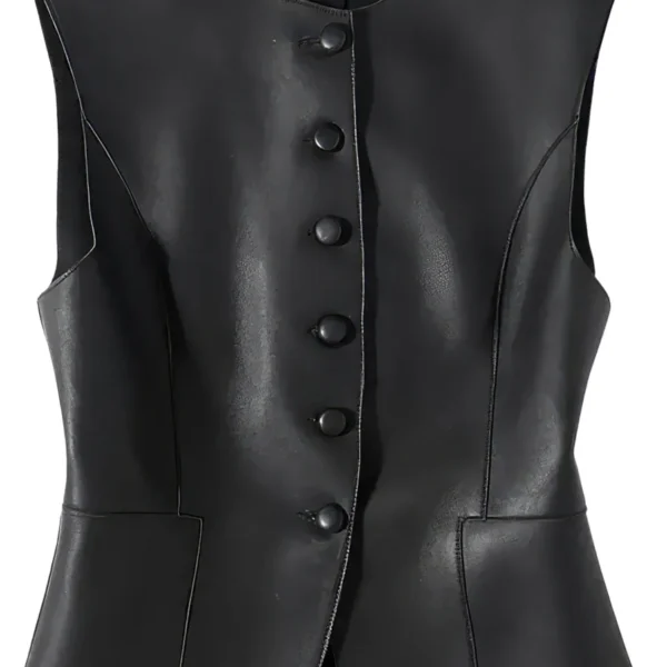 Womenâ€™s Black Genuine Sheepskin Round Neck 2 Pockets Smooth Sleeveless Waistcoat Single Breasted Casual Classic Leather Vest