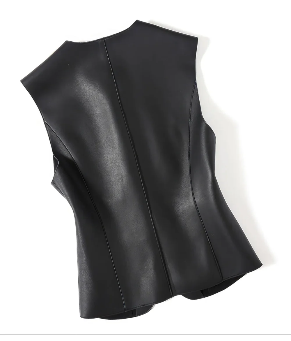 Womenâ€™s Black Genuine Sheepskin Round Neck 2 Pockets Smooth Sleeveless Waistcoat Single Breasted Casual Classic Leather Vest - Image 2