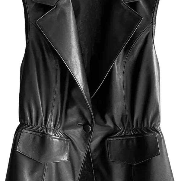 Womenâ€™s Black Genuine Sheepskin Notched Lapel Collar Classic Suit Overcoat Spring Autumn Fashionable Leather Sleeveless Vest