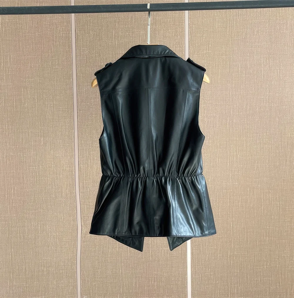 Womenâ€™s Black Genuine Sheepskin Notched Lapel Collar Classic Suit Overcoat Spring Autumn Fashionable Leather Sleeveless Vest - Image 2