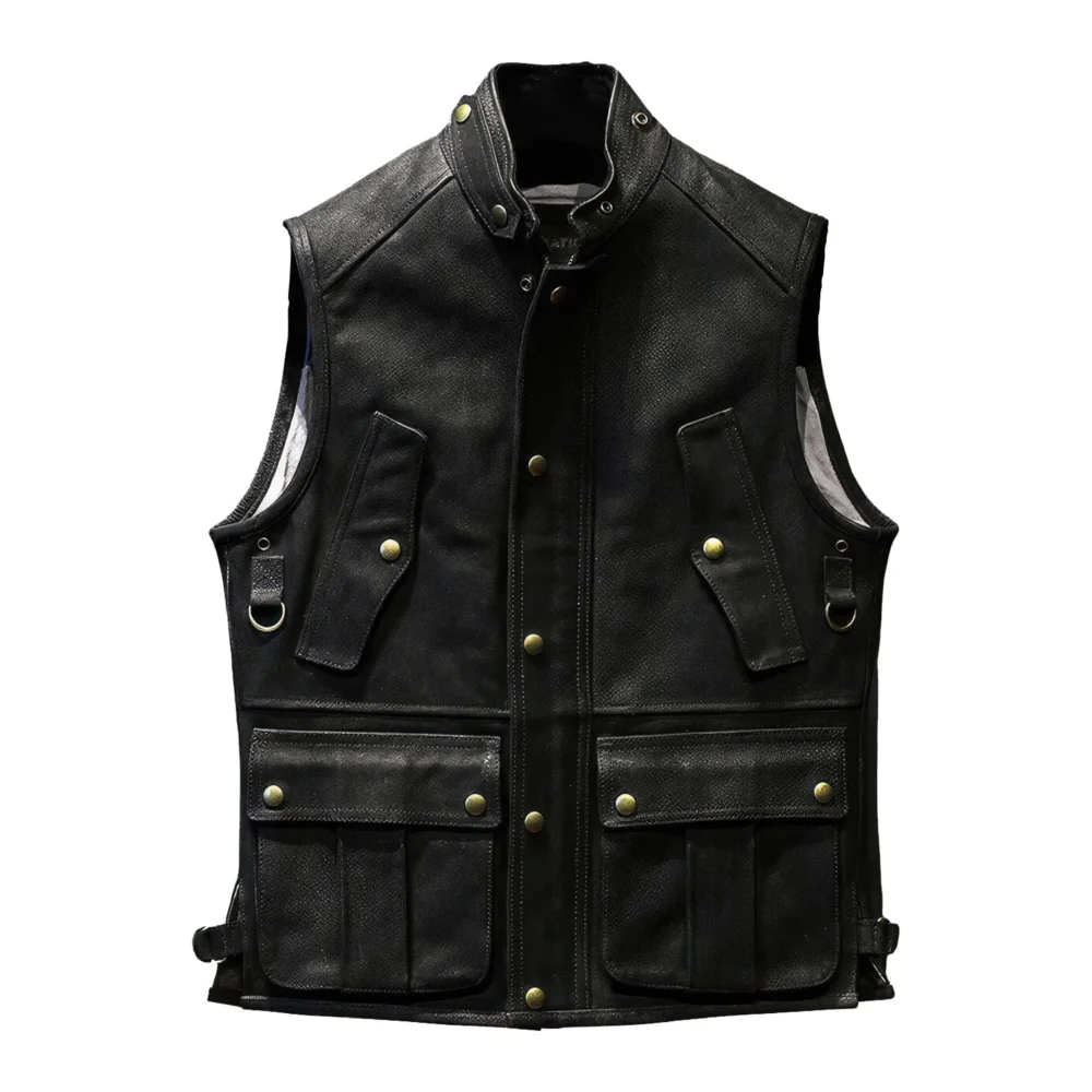 Menâ€™s Black Genuine Cowhide Stand Collar Vest Motorcycle Biker Sleeveless Classic Retro Rock Hunter Multi Pockets Leather Waistcoat