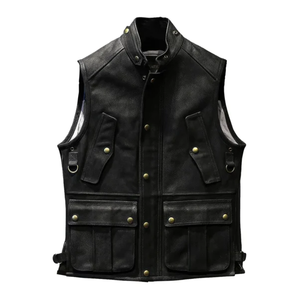 Menâ€™s Black Genuine Cowhide Stand Collar Vest Motorcycle Biker Sleeveless Classic Retro Rock Hunter Multi Pockets Leather Waistcoat