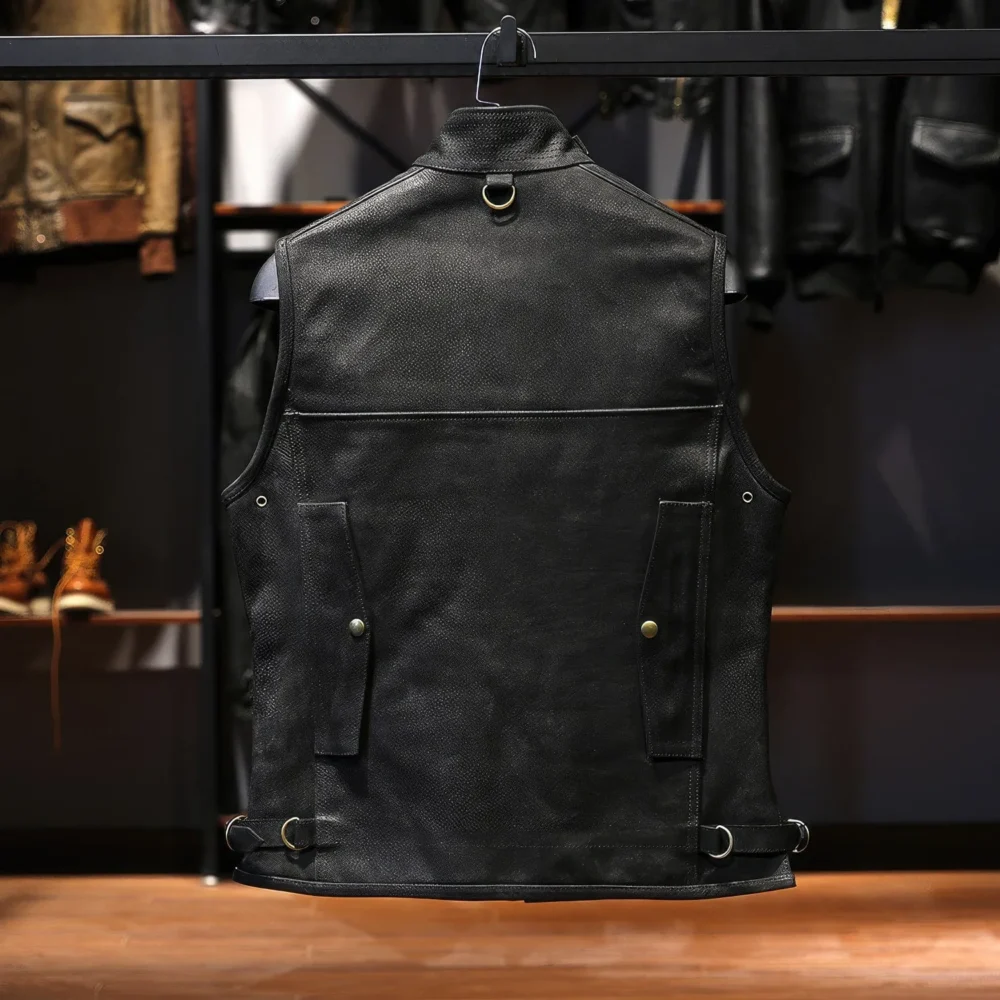 Menâ€™s Black Genuine Cowhide Stand Collar Vest Motorcycle Biker Sleeveless Classic Retro Rock Hunter Multi Pockets Leather Waistcoat - Image 2