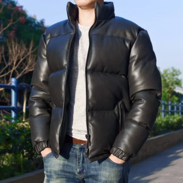 Menâ€™s Black Genuine Sheepskin Stand Collar Baggy Outerwear Winter Warm Thick Insulated Casual Padded Puffer Leather Jacket