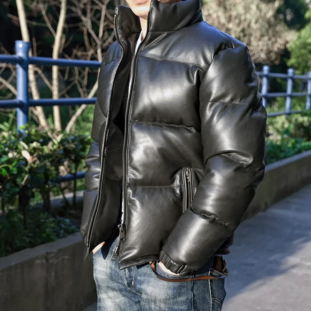 Menâ€™s Black Genuine Sheepskin Stand Collar Baggy Outerwear Winter Warm Thick Insulated Casual Padded Puffer Leather Jacket - Image 2