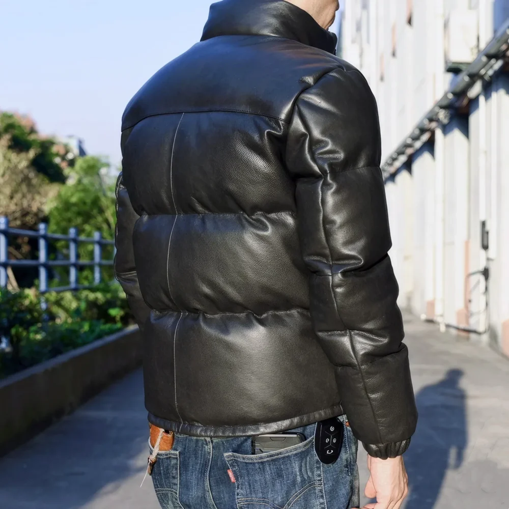 Menâ€™s Black Genuine Sheepskin Stand Collar Baggy Outerwear Winter Warm Thick Insulated Casual Padded Puffer Leather Jacket - Image 3